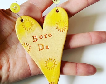 Bore Da (Good Day in Welsh): ceramic hanging heart. Made in Wales.