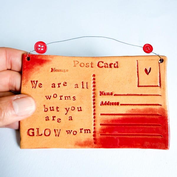 Ceramic Postcard: We Are All Worms - Red Glaze, Vintage Buttons