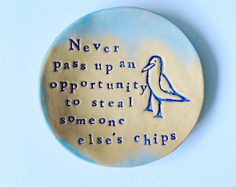 Chip stealing Seagull. Little ceramic dish, jewellery dish. Made in Wales, UK. Free UK P&P