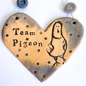 Team Pigeon - ceramic heart plaque. Made in Wales. Free UK postage.