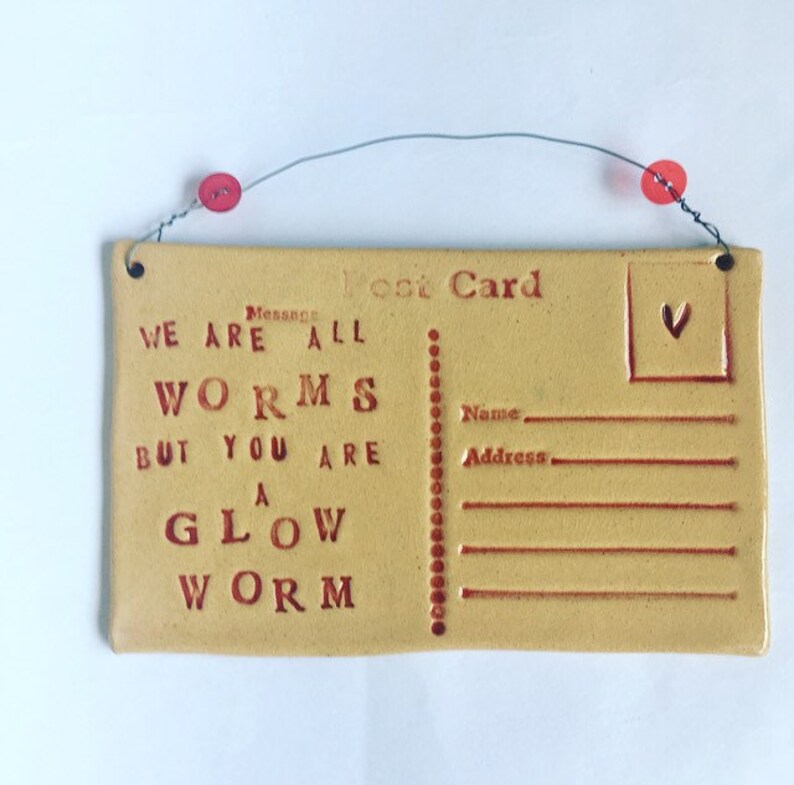 We are all worms, but you are a Glow worm Ceramic postcard with vintage buttons. Made in Wales, UK. Red. Free UK P&P image 2