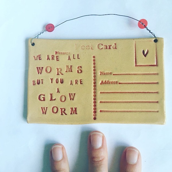 We are all worms, but you are a Glow worm - Ceramic postcard with vintage buttons. Made in Wales, UK.  Red. Free UK P&P