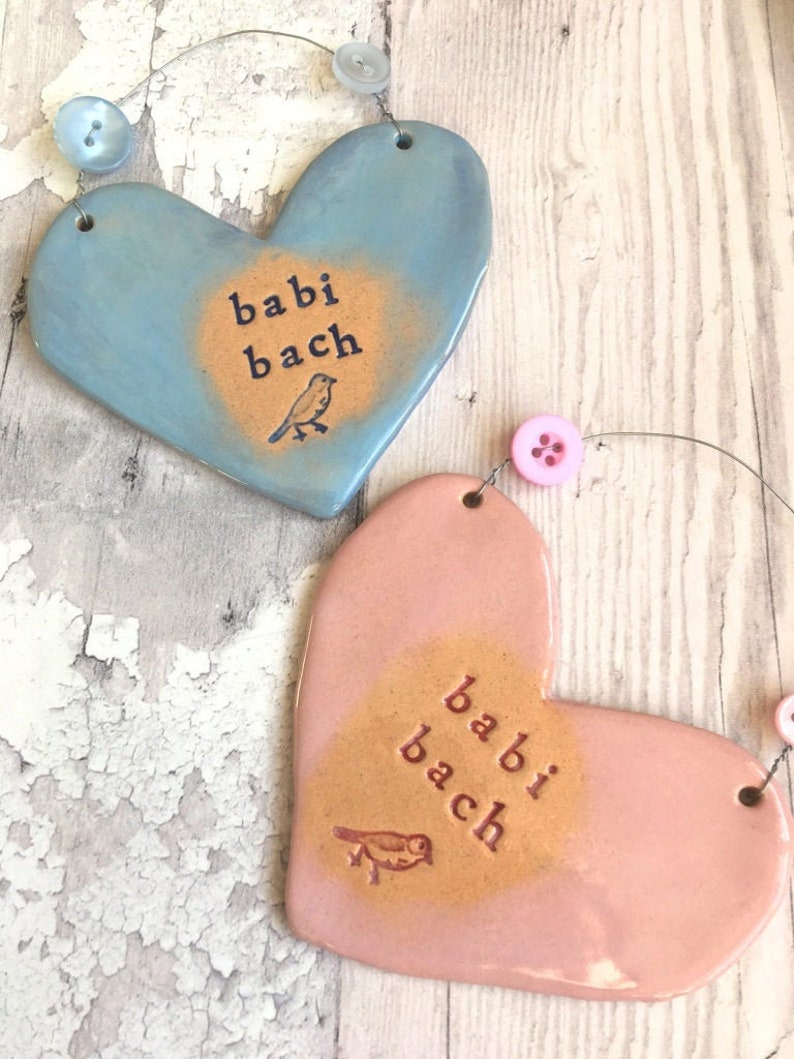 Babi Bach Little Baby in Welsh New Baby arrival gift. Ceramic. Blue /pink. Made in Wales, UK. Free UK P&P image 1