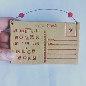 We are all worms, but you are a Glow worm Ceramic postcard with vintage buttons. Made in Wales, UK. Red. Free UK P&P image 5