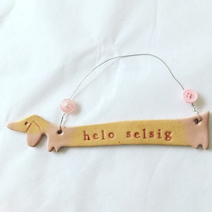 Op de afbeelding: Een keramische dachshund-vormige ornament met een roze en gele glazuur. De ornament heeft de woorden "hello selsig" erop geschreven in rood.