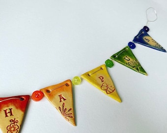 Hapus / Happy- mini ceramic bunting with buttons. Made in Wales, UK. Free UK P&P