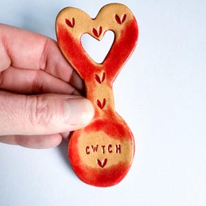 Small Ceramic Welsh Love Spoon: Red &#39;Cwtch&#39; Hug Gift, Made in Wales