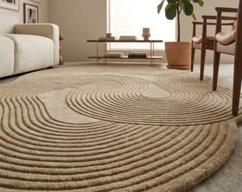 Hand-Tufted Wool Rug, Irregular Beige Rug, High-Low Pile, Personalized Gift, Living Room Rug, Moroccan Rug, Abstract Wavy Rug, Boho Decor