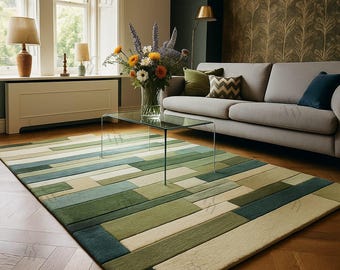 Green Geometric Hand Tufted Wool Rug, 8x10ft Living Room, Home Decor Abstract Carpet