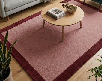 Burgundy Moroccan Rugs, Modern Solid Border Rug, Minimalist Living Room Rug, Soft Bedroom Rug, Pink Tufted Rug, Scalloped Rug
