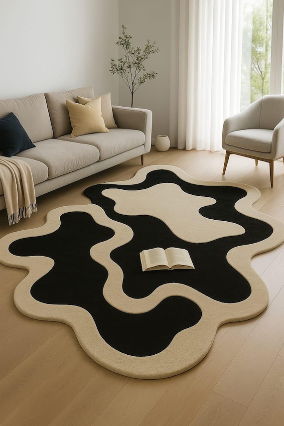 Abstract Wavy Black Ivory Rug,  Modern Area Rug, Hand Tufted Wool Rug, Living Room Rug, Scalloped, Tapis, Gift