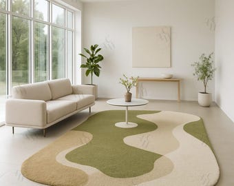 Alfombra de lana tejida a mano, alfombra de ondas verde beige, alfombra para sala de estar, alfombra para dormitorio, alfombra festoneada, decoración del hogar, alfombra de regalo, alfombra de área