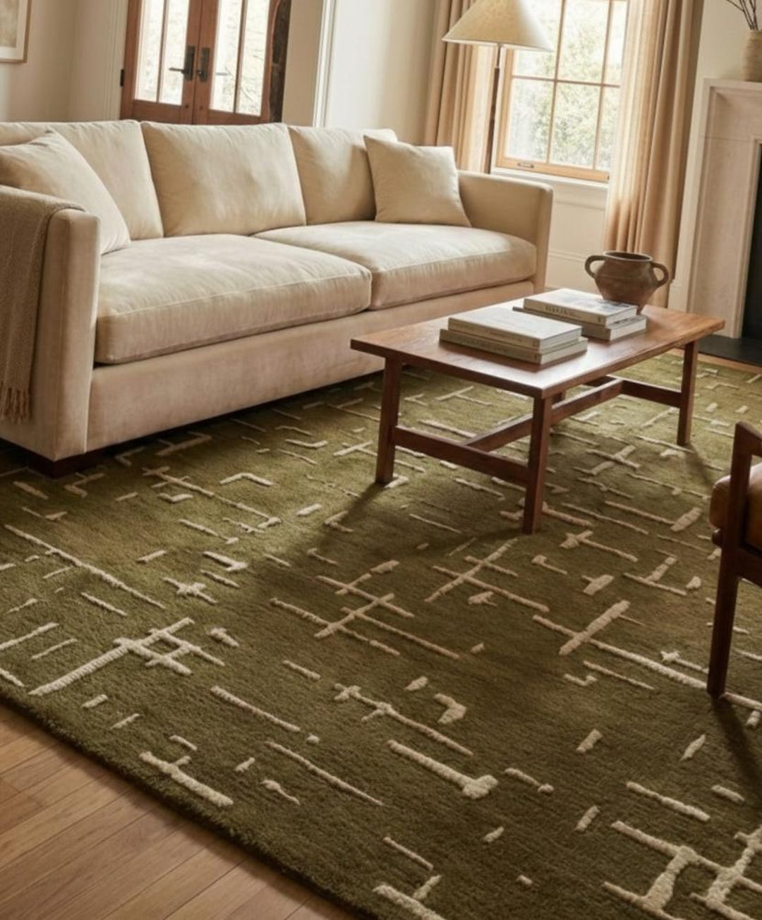Olive Green Hand Tufted Rug, Abstract Geometric Rug, Living Room Rug ...