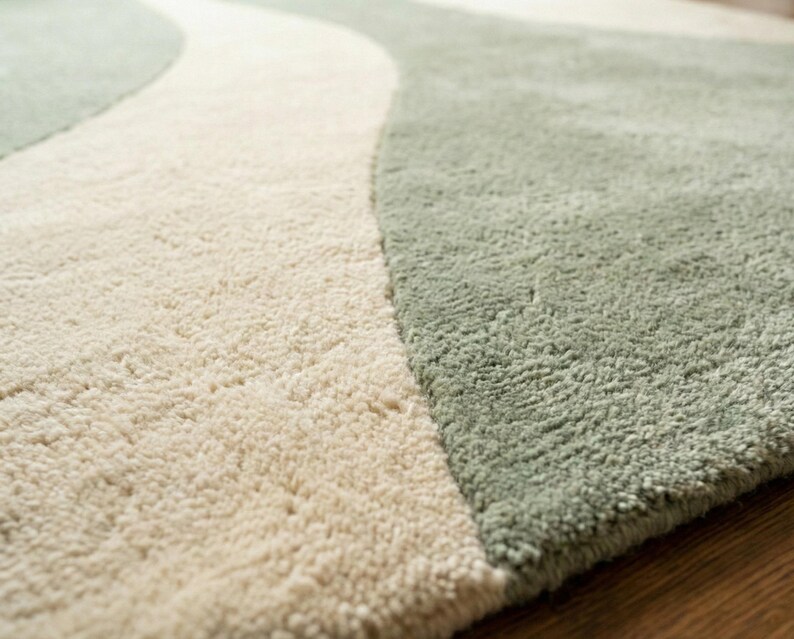 May include: Close-up of a soft, textured rug with a flowing design. The rug features a cream-colored central wave flanked by sections of sage green. The plush fibers create a cozy, inviting feel, suitable for home decor.