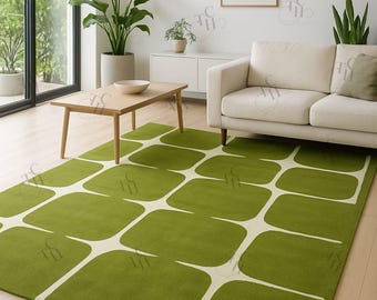 Alfombra de lana tejida a mano, para sala de estar, decoración del hogar, alfombra geométrica verde oliva, alfombra festoneada, tapis, alfombra marroquí verde