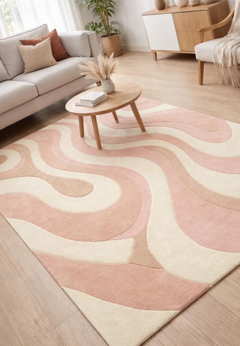 modern interior styling rug
pastel cream pink area rug
handcrafted rug for modern decor
statement carpet for living room
designer abstract wool rug
soft modern rug for comfort
art decor rug for home
minimal abstract area rug