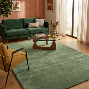 May include: A living room scene featuring a green rug, a green sofa, and a yellow armchair. A glass-top coffee table sits on the rug. The walls are painted in a warm terracotta color, and the room is illuminated by natural light.