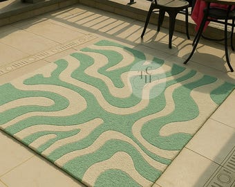 Handgetufteter Wollteppich: 2,5 x 2,5 m moderner geometrischer Design-Teppich in Blau & Creme