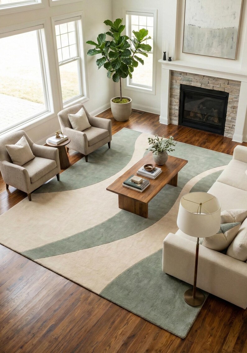 May include: An overhead view of a living room with a large area rug featuring a wavy design in cream and sage green. The room includes two armchairs, a sofa, a wooden coffee table, and a floor lamp.