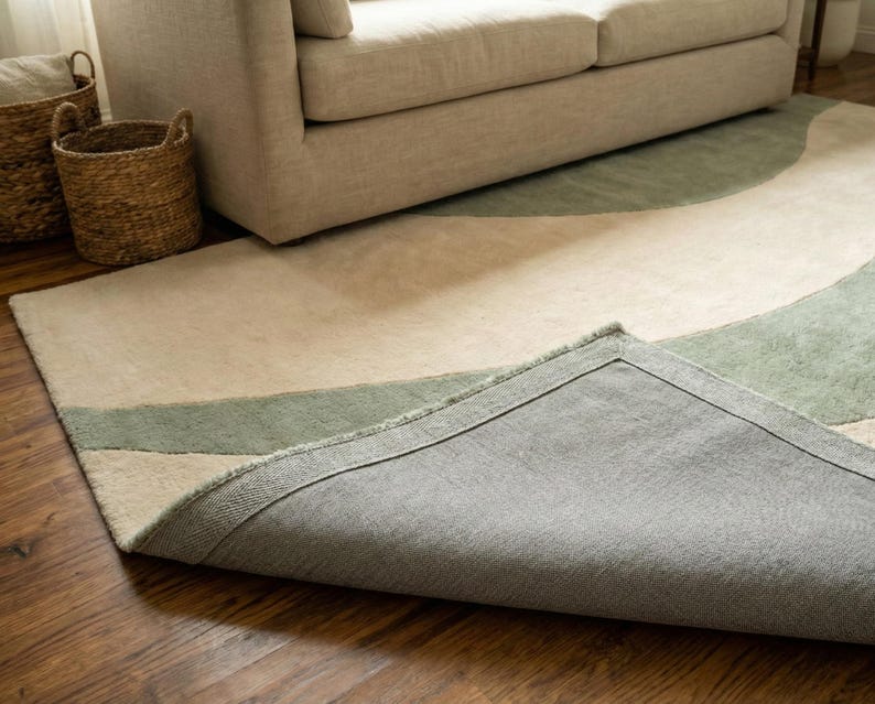 Modern Sage Green Wave Rug 8x10 Large Area Rug Abstract Minimalist Living Room Carpet Soft Neutral Contemporary Home Decor