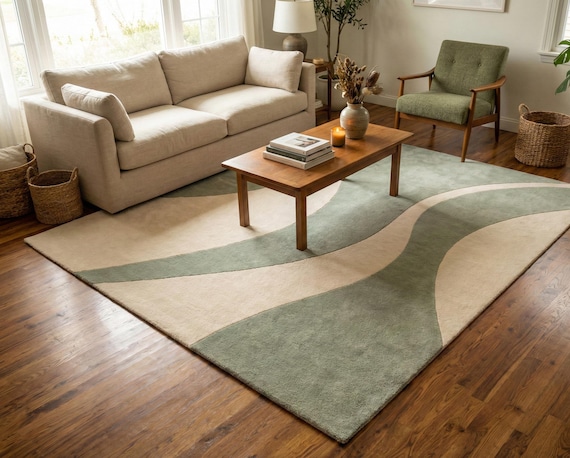 Sage Green Rugs, Abstract Wavy Rug, Hand Tufted Wool Rug, Living Room Rugs, Handmade Wool Rug, Runner Rugs, Tapis, Moroccan Green Rug.
