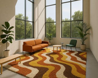 Abstract Wavy Rug, Hand Tufted Wool Rug, 70s retro rug, Scalloped Rug, Home Decor, Tapis, Mid Century, Runner Rugs, Moroccan Rug