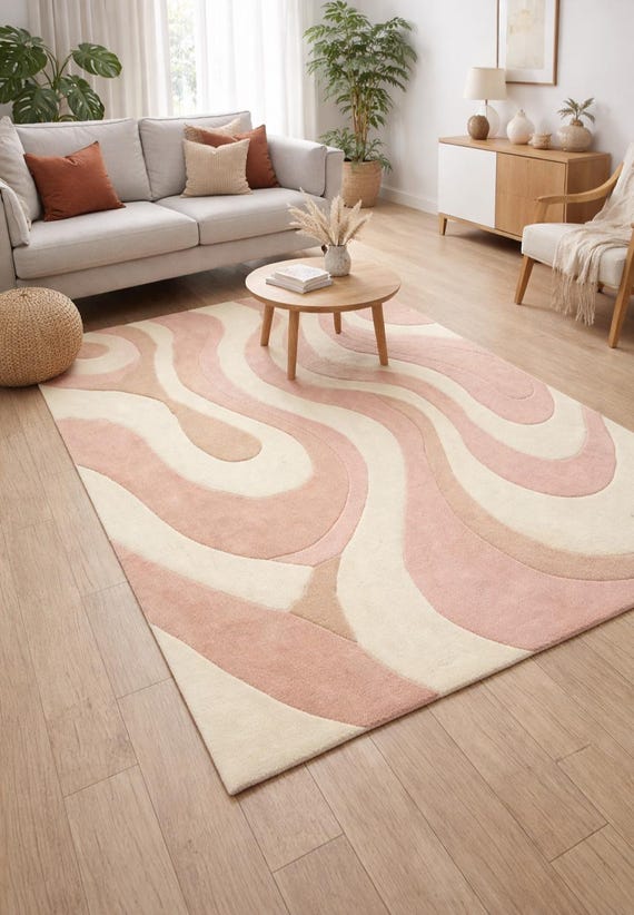 Abstract Wavy Rugs ,Hand Tufted Wool Rug, Pastel Pink  Rug, Mid Century, Tapis, Living Room Rug, Moroccan Pink Rug, Runner Rugs, Home Decor