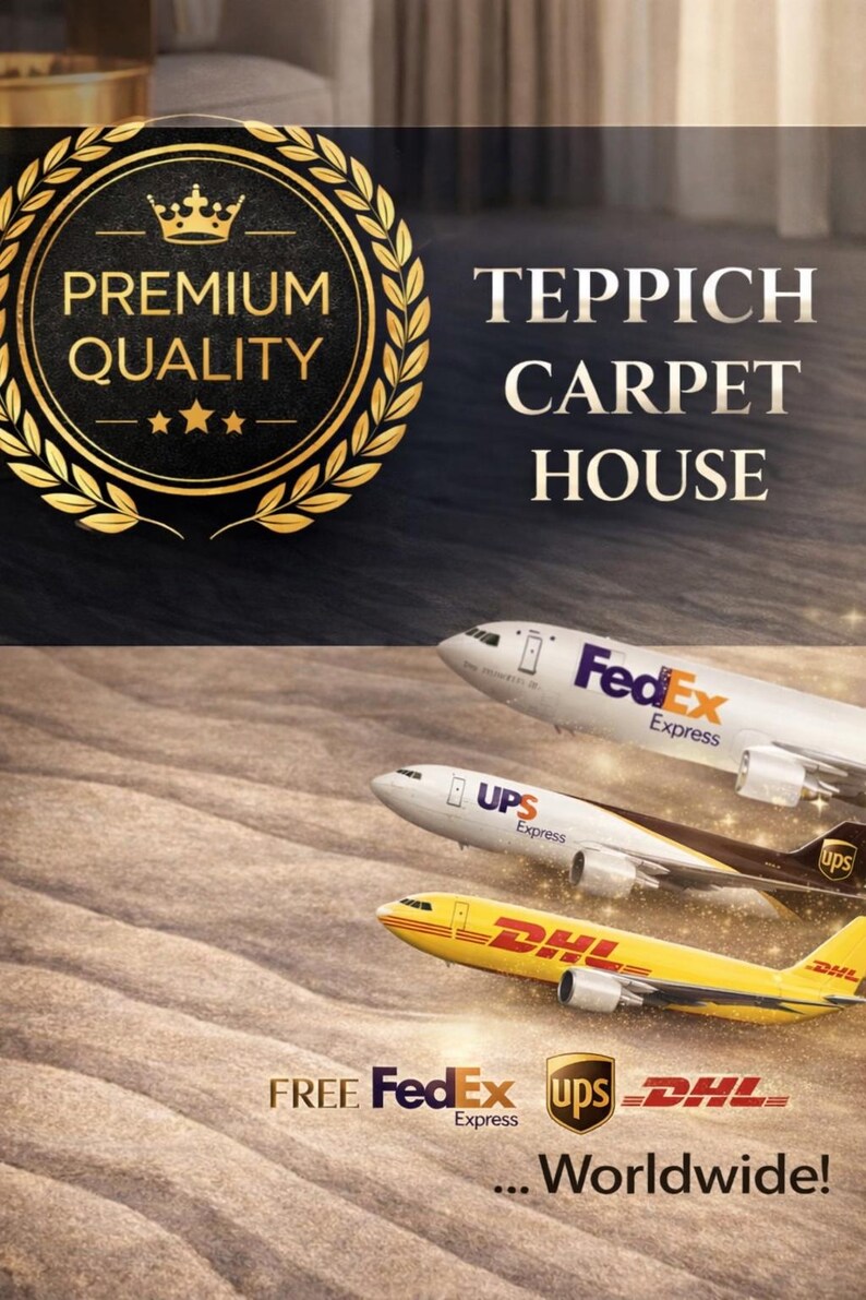 May include: An advertisement for Teppich Carpet House, featuring a gold emblem with the words "Premium Quality." Three airplanes with the logos of FedEx, UPS, and DHL fly over a textured surface. The text "Worldwide!" is also present.