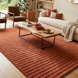 Terracotta Rug, Hand Tufted Rug, Living Room Rug, Scalloped Rug, Mid Century, Moroccan Orange Rug, Custom Plush, Irregular Rugs