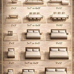 May include: A rug size guide with illustrations of furniture on rugs of various sizes. The guide includes sizes like 2'x3', 5x7', 6x9', 9'x12', 9'x10', and 10'x14'. Furniture includes sofas, chairs, tables, and beds.