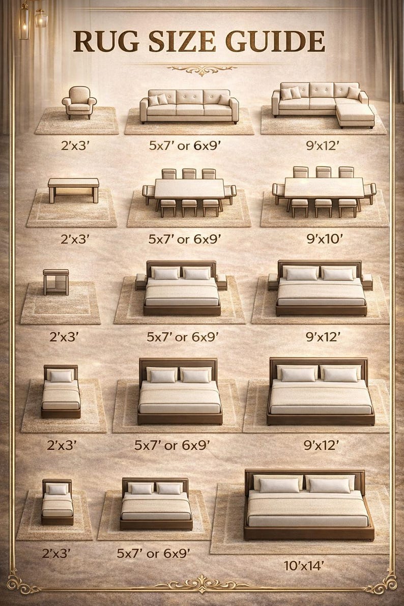 May include: A rug size guide with illustrations of furniture on rugs of various sizes. The guide includes sizes like 2'x3', 5x7', 6x9', 9'x12', 9'x10', and 10'x14'. Furniture includes sofas, chairs, tables, and beds.