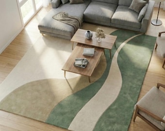 Hand Tufted Wool Rug, Sage Green, Abstract Wavy Rug, Home Decor, Scalloped, Tapis, Runner Rugs, Irregular Rug, Moroccan Green Rug