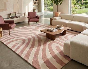Pink Rug, Hand Tufted Wool Rug, Abstract Wavy Rugs, Living Room Rug ,Runner Rugs, Tapis Rond, Moroccan Pink Rug, Custom Size Available