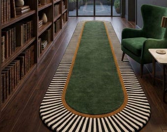 Runner Rug, Hand Tufted Wool Rug, Rug for living room, Home Decor, Abstract Runner Rug, Room Decor, Hallway, Green Rug