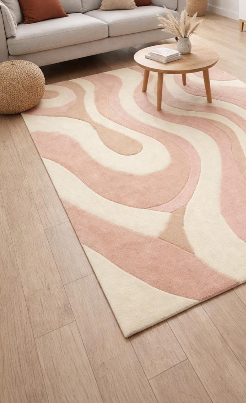 abstract wavy rug in pastel pink and cream
modern tufted rug for living room
soft wool area rug with curved design
hand tufted abstract rug on wooden floor
pastel color rug in cozy living space
modern home decor rug with wave pattern
minimalist area rug in cream pink tones
designer rug placed under coffee table
luxury wool rug for modern interiors
art inspired abstract floor rug
contemporary rug for stylish living room
soft texture tufted wool rug