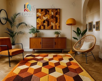 Handmade Tufted Wool Rug: Retro Geometric Mid-Century Modern Design Contemporary Carpet.