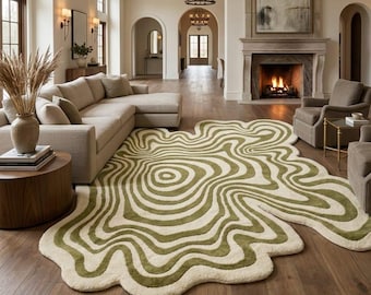 Alfombra abstracta verde con mechones de 15 x 20 cm, con formas orgánicas, moderna con estampado ondulado, contemporánea para sala de estar, hecha a mano.