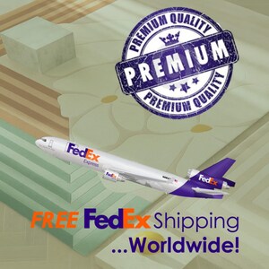Puede incluir: Un avi&oacute;n blanco de FedEx Express con detalles en morado y el logotipo de FedEx. La imagen incluye un sello circular que dice "Premium Quality" y el texto "FREE FedEx Shipping...Worldwide!"