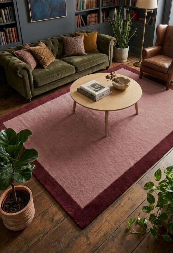 Burgundy Pink Area Rug 5x7 Ft, Modern Solid Border Rug, Living Room Rug, Soft Bedroom Rug, Moroccan Burgundy Rug, Runner Rugs