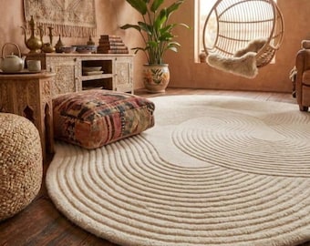 Hand-Tufted Wool Area Rug: Irregular White High-Low Pile, Rug for living room, Bedroom Rug, Runner Rugs, Tapis Rond,