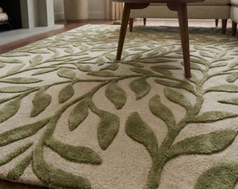 Green Leaf Rug, Wool area Rug, Living Room Rug, Hand Tufted Wool Rug, plaid 5x7 rug, green  Moroccan rug, runner Rugs, Tapis