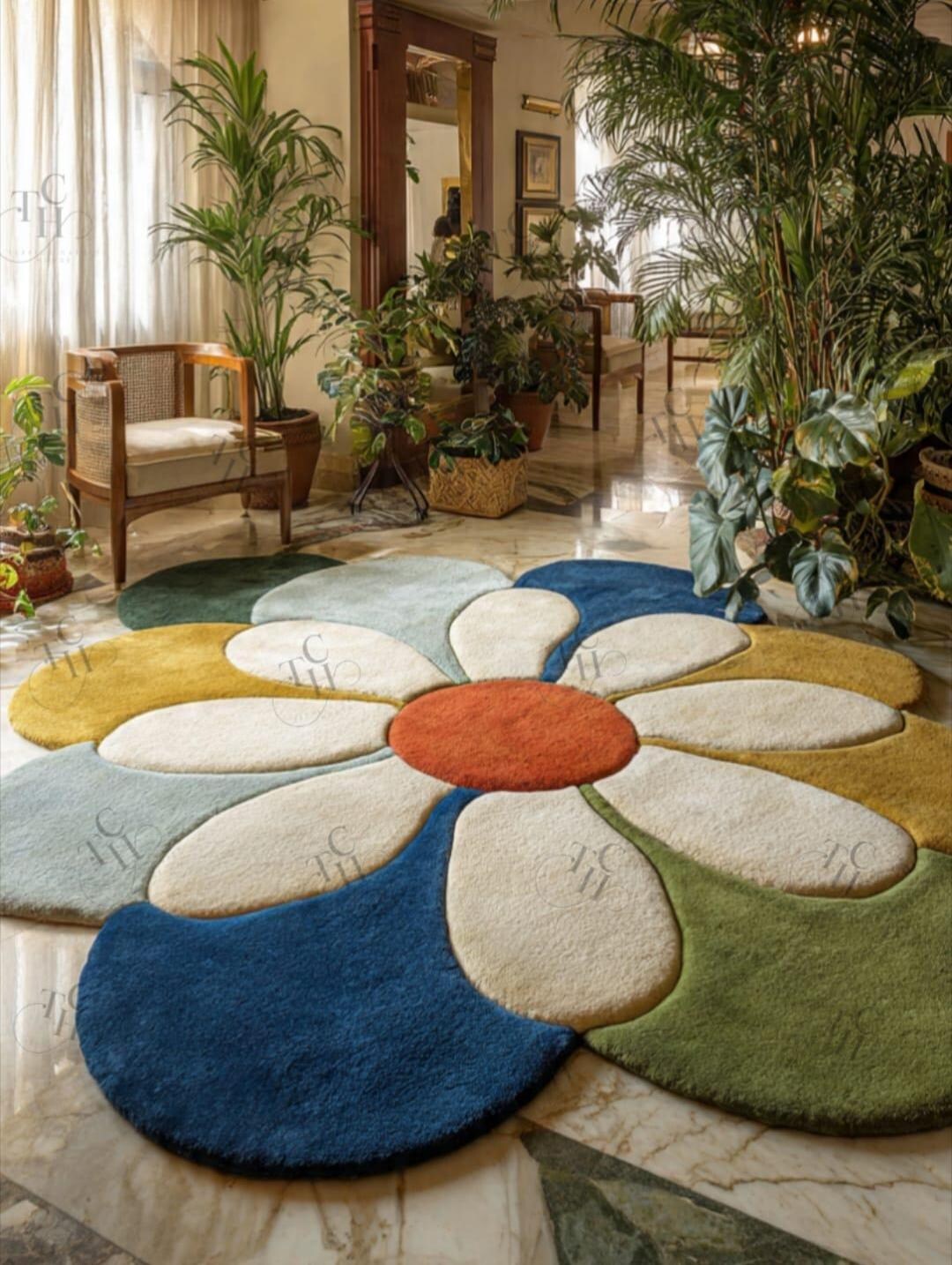 Handmade Daisy Rug – Colorful Tufted Floral Carpet, Mid Century Retro ...