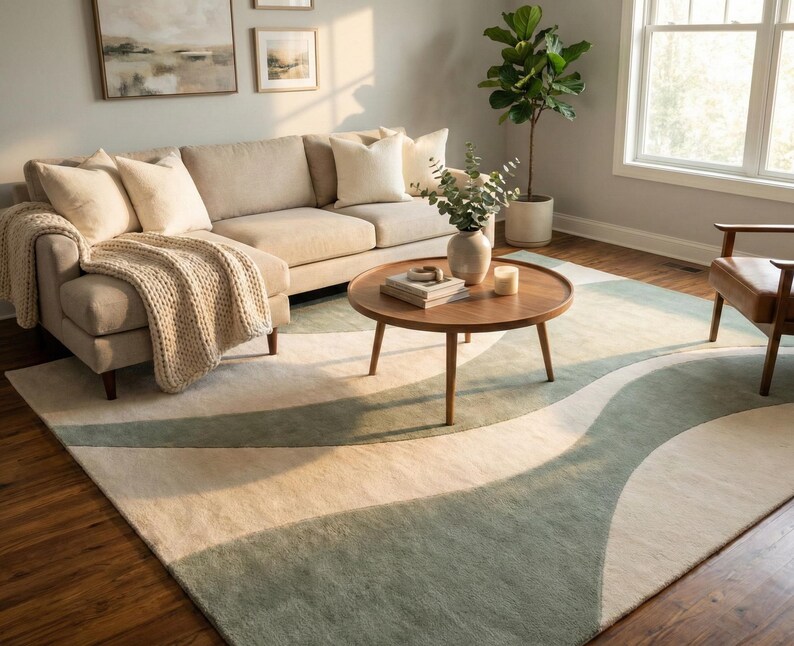 sage green wavy rug modern living room aesthetic neutral soft floor carpet
large abstract sage green rug modern home decor cozy living room carpet
sage wave pattern rug soft neutral modern interior floor decor carpet
sage green abstract carpet minimalist living room modern aesthetic rug
contemporary sage rug soft large area carpet modern home styling decor
sage green beige wave rug modern cozy living room floor carpet decor
soft textured sage rug minimalist abstract interior design floor decor