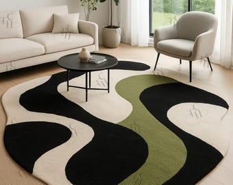 Alfombra irregular, alfombra de lana tejida a mano, decoración del hogar, alfombra redonda, alfombra para sala de estar, tapis, alfombra marroquí verde, alfombra personalizada,