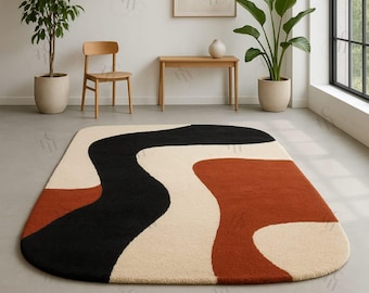 Tappeto in lana annodato a mano 5 x 8 piedi: tappeto astratto nero beige ruggine arredamento per la casa boho