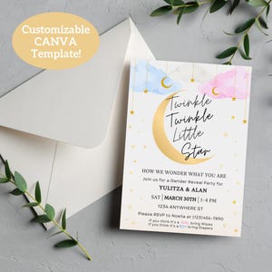DIGITAL TEMPLATE Gender Reveal Invitation, Twinkle Twinkle Little Star Gender Reveal Invite Template, DIY Moon and Stars Theme