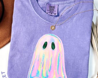 Comfort Colors® Shimmering Ghost Shirt, Iridescent Ghost Tee, Pastel Halloween T-Shirt, Spooky Season Tee, Halloween Ghost Sweatshirt