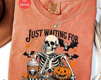 Comfort Colors® Just Waiting for Halloween Sweatshirt, Halloween Tee, Funny Halloween Shirt, Skeleton Halloween, Skeleton Dancing Shirt