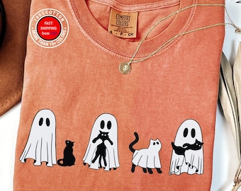 Comfort Colors Halloween Black Cat Ghost Shirt, Halloween Ghost Tshirt, Spooky Season Cat Tee, Halloween Cute Women Outfit, Halloween Gift