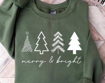 Merry & Bright Christmas Trees Sweatshirt : Women's Holiday Sweater, Winter Outfit, Family Xmas Party